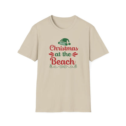 Beige t-shirt with 'Christmas at the Beach 2023' text on a white background
