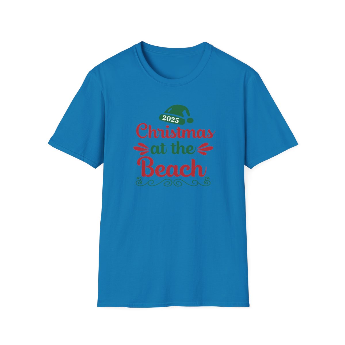 Blue t-shirt with 'Christmas at the Beach 2025' text on a white background