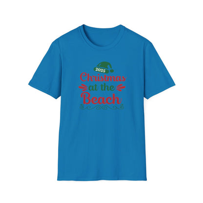 Blue t-shirt with 'Christmas at the Beach 2025' text on a white background