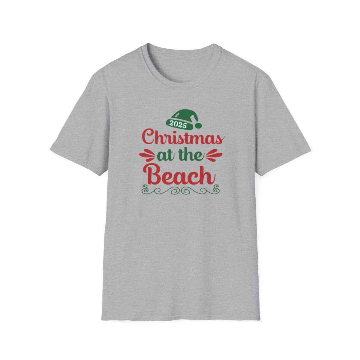 Gray t-shirt with 'Christmas at the Beach 2025' text on a white background