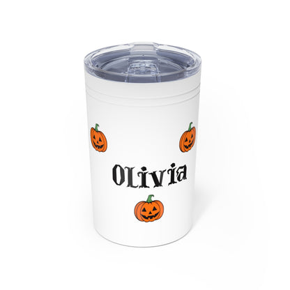White tumbler with 'Olivia' and pumpkin designs on a white background