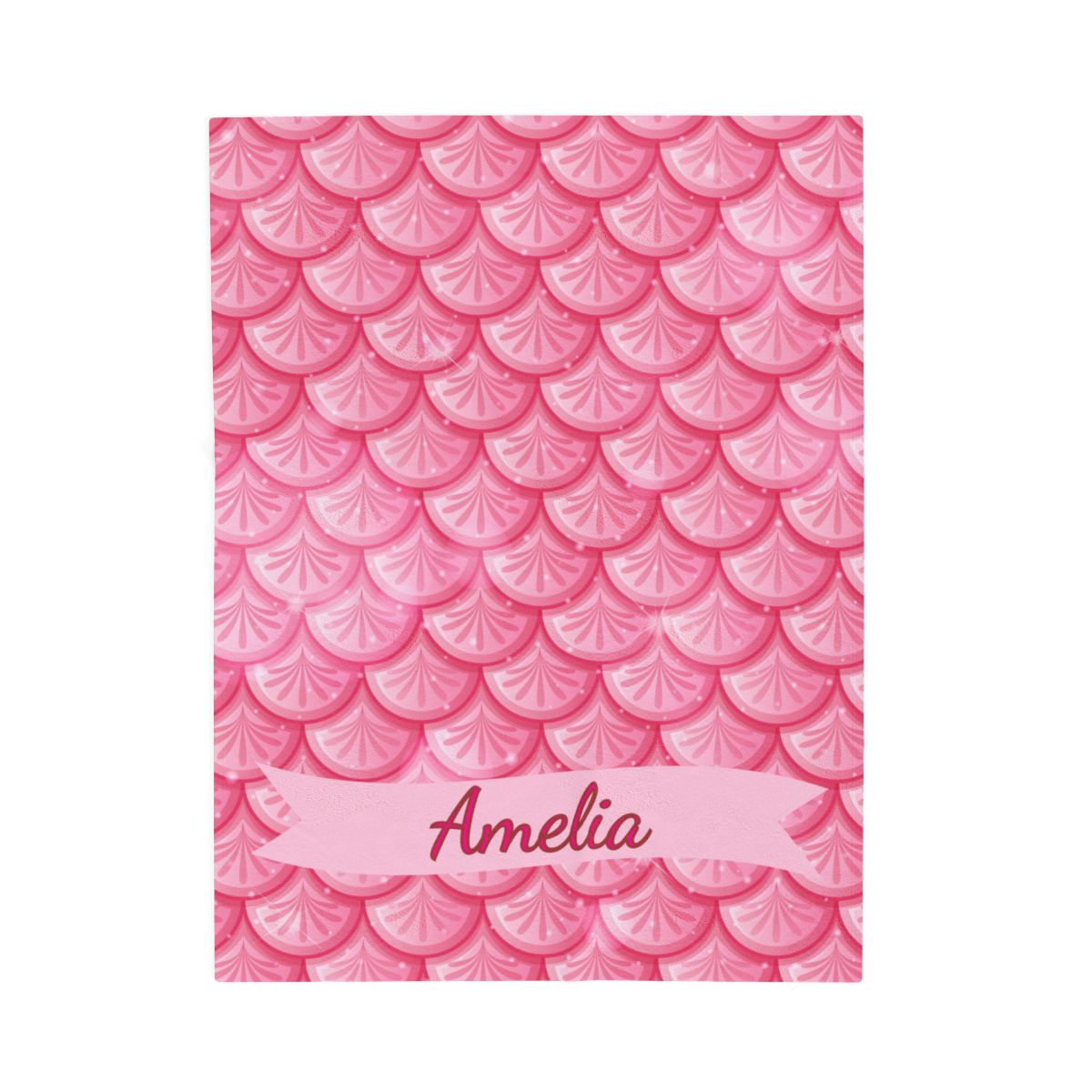Notebook with pink fish scale pattern and 'Amelia' on a white background