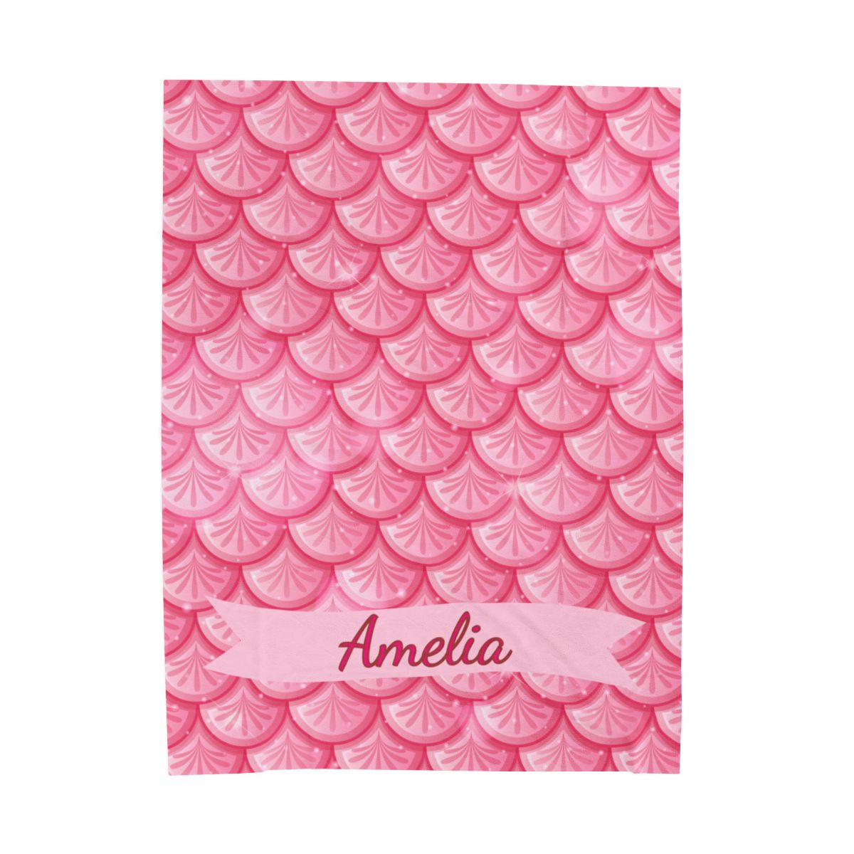 Notebook with pink fish scale pattern and 'Amelia' on a white background