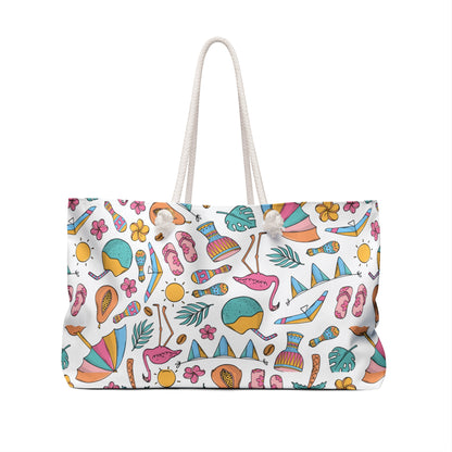 Tropical Summer Weekender Bag – Beach Travel Tote with Flamingos, Fruits & Coastal Icons