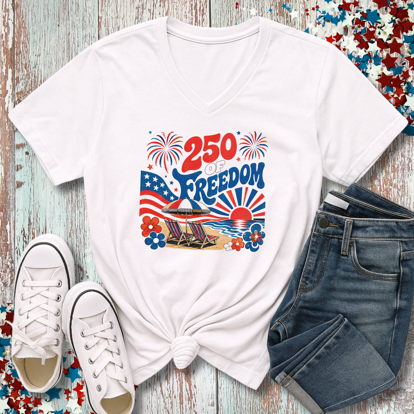 VINTAGE 70'S BEACH INDEPENDENCE DAY V NECK