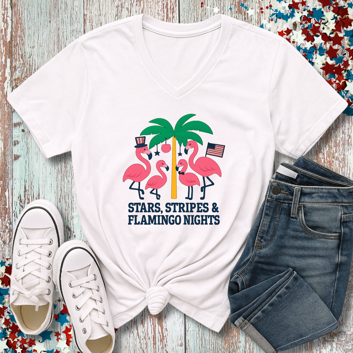 STARS, STRIPES & FLAMINGO NIGHTS V-NECK
