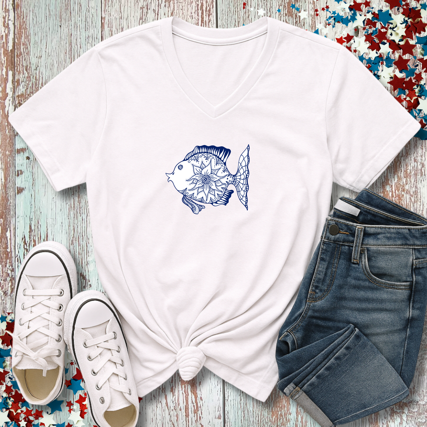 MOSAIC FISH V-NECK