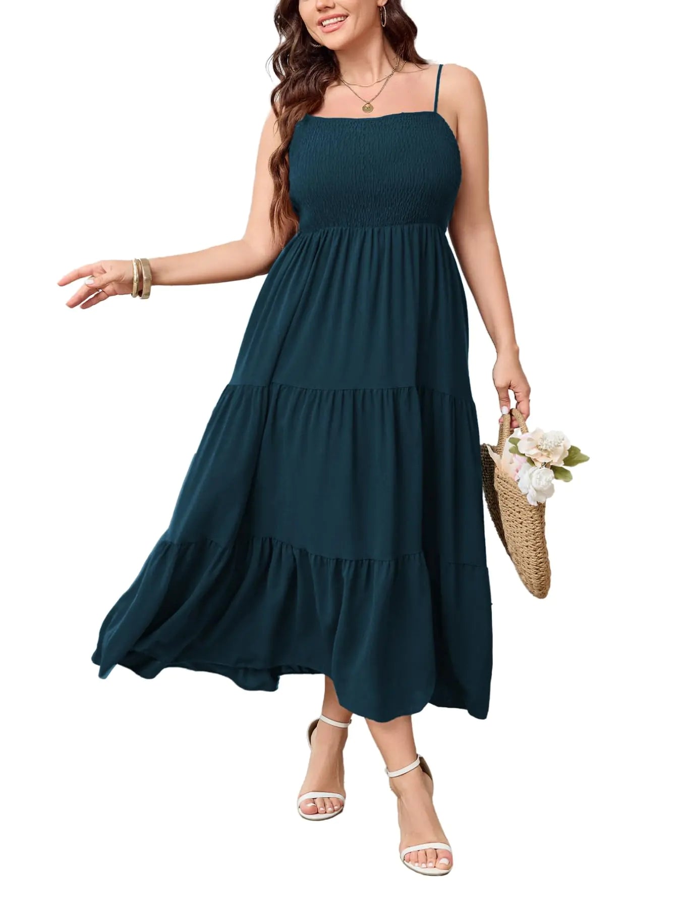 Plus size navy tiered maxi dress with adjustable straps